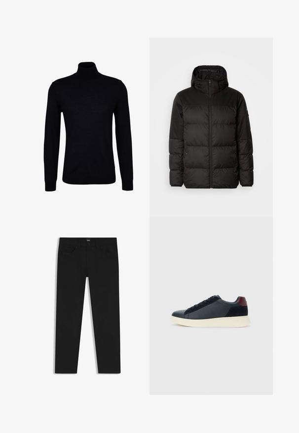 Musta puhvijakku sisältää vetoketjun, hupun, tilkuista koostuvia osioita ja joustavat hihansuut. Se on valmistettu sileästä, vedenpitävästä materiaalista.; Musta poolneule sileasta neulekankaasta. Ominaisuuksiin kuuluu pitkät hihat, istuva kaula-aukko sekä ribbaatut hihansuut ja helma, jotka takaavat tiiviin istuvuuden.; Musta farkkutakki suoran leikkauksen kanssa, varustettuna tavallisella vyötäröllä, viidellä taskulla ja nappisulkimella. Yhtenäinen sileä pinta.; Miestne bežecké tenisky s nízkym strihom v čiernej koži a semišovej úprave s bordovým jazykom a bielou gumovou podrážkou, pohľad z vonkajšej strany.