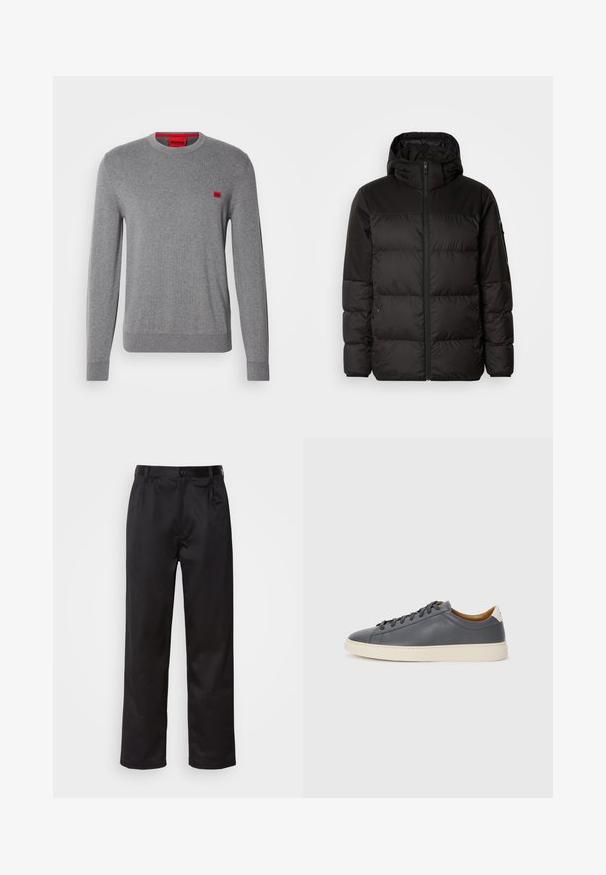 Juodas pūkinis švarkas turi užtrauktuką, gobtuvą, siūlinčius skyrius ir elastinius rankogalius, pagamintas iš lygaus, vandeniui atsparaus medžiagos.; HUGO SAN CASSIUS - Džemperis - medium grey; Juodi kelniukai, pagaminti iš lygaus audinio, su užsegimu priekyje, raukšlėmis ir tiesiomis kojomis. Nėra matomų raštų ar akcentų.; Pilkas odinis sportbačiai su apvaliu nosiu, guminėmis padangomis, lygiais raišteliais ir šviesiomis akcentais ant kulno. Lygus paviršius ir minimalistinis dizainas.