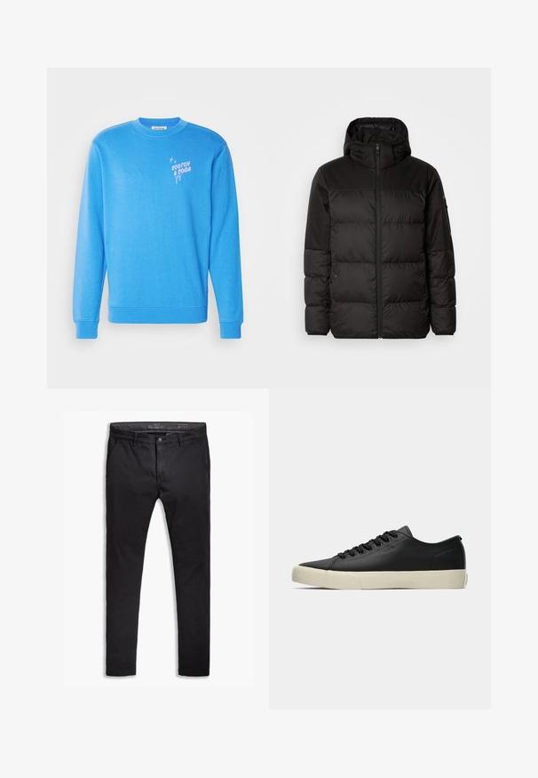 Il giubbotto puffo nero presenta una chiusura con zip, un cappuccio, sezioni trapuntate e polsini elastici, realizzato in un materiale liscio e resistente all'acqua.; Felpa blu realizzata in tessuto morbido, con maniche lunghe, colletto a girocollo e logo "Scotch & Soda" in rosa sul davanti.; Chinos neri in cotone con vestibilità affusolata, dotati di cinque tasche, passanti per cintura e una superficie liscia. Chiusura con zip e bottone.; Sneaker nera in pelle a basso profilo con lacci neri e suola in gomma avorio, vista laterale che mostra il sottile marchio "BOSS".