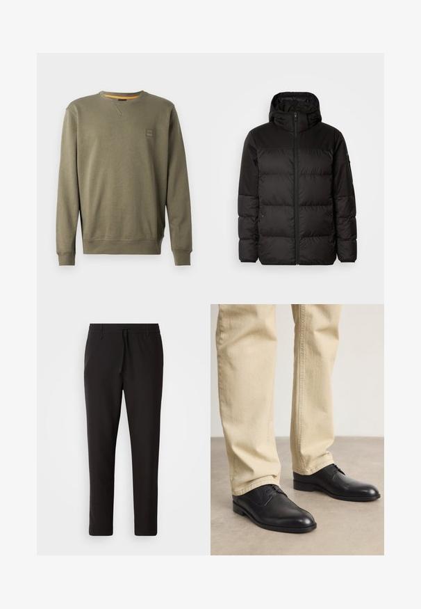 Schwarze Pufferjacke mit Reißverschluss, Kapuze, gesteppten Abschnitten und elastischen Bündchen, hergestellt aus einem glatten, wasserabweisenden Material.; Olivenfarbener Sweatshirt aus weichem Baumwollmix, mit Rundhalsausschnitt, gerippten Bündchen und einem kleinen Logopatch auf der Brust.; Schwarz T-Shirt mit kurzen Ärmeln aus einem glatten Baumwollmix, mit Rundhalsausschnitt und einem minimalistischen Design ohne Muster oder Akzente.; Schwarze Jogginghose aus glattem Stoff. Mit einem elastischen Bund und Kordelzug, schmal zulaufenden Beinen und ohne sichtbare Taschen. Einfaches Design.; Schwarze Leder Schnürschuhe mit runder Zehenform, glatter Oberfläche und dezenten Nähdetails, getragen mit hellbeigen Hosen.