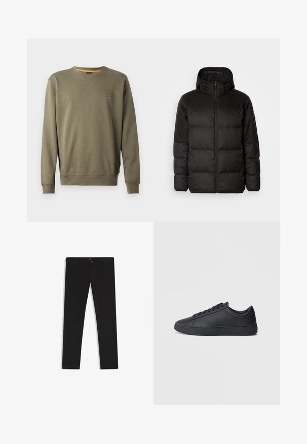 Musta puhvijakku sisältää vetoketjun, hupun, tilkuista koostuvia osioita ja joustavat hihansuut. Se on valmistettu sileästä, vedenpitävästä materiaalista.; Oliivivihreä Collegepaita pehmeästä puuvillasekoitteesta, jossa on pyöreä pääntie, ribbauskudot hihansuissa ja pieni logopatchi rinnassa.; Mustat housut, jotka on valmistettu sileätekstiilisestä kankaasta. Varustettu nappikiinnityksellä, vyölenkeillä ja sivutaskuilla. Standardi suora lahjemalli.; Mustat lenkkarit, jotka on valmistettu sileästä nahasta, matalalla varrella, pyöreällä varvalla ja tasaisella kumipohjalla. Varusteena nauhat ja huomaamaton brändäys.