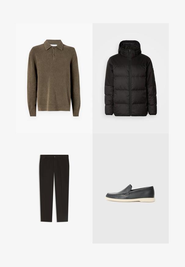 Musta puhvijakku sisältää vetoketjun, hupun, tilkuista koostuvia osioita ja joustavat hihansuut. Se on valmistettu sileästä, vedenpitävästä materiaalista.; Ruskea neulottu pusero, jossa on kauluksellinen pääntie, kolmella napilla varustettu nappilista, pitkät hihat ja teksturoitu kangas. Normaali malli ja yhtenäinen väri.; Mustat housut suoran lahkeen designilla, valmistettu sileästä kankaasta. Varustettu napilla suljettavalla vyötäröllä ja etutaskuilla. Ei näkyviä kuvioita tai yksityiskohtia.; Mustat nahkakengät ilman nauhoja, joissa on teksturoitu pinta ja kontrastoiva beige kumipohja. Kengissä on hillitty yksityiskohta etuosassa.