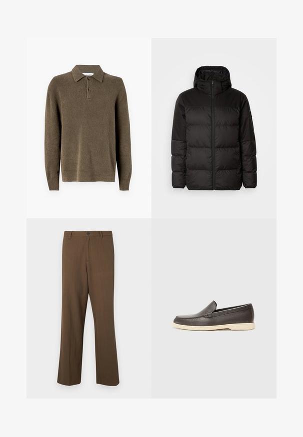 A fekete steppelt dzseki cipzáros záródással, kapucnival, steppelt részekkel és rugalmas mandzsettákkal rendelkezik, sima, vízálló anyagból készült.; Barna kötött pulóver, galléros nyakkivágással, három gombos záródással, hosszú ujjakkal és texturált anyagból készült. Szabályos fazon és egyszínű.; Barna, egyenes szárú nadrág, texturált anyagból készült, gombos zárással és normál derékkal, oldalsó zsebekkel és szabott varrásokkal.; Barna bőrből készült, slip-on stílusú cipők, amelyek texturált felülettel és ellentétes világos bézs talppal rendelkeznek, lekerekített orral és minimális varrási részletekkel.