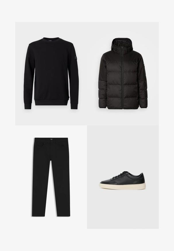 Il giubbotto puffo nero presenta una chiusura con zip, un cappuccio, sezioni trapuntate e polsini elastici, realizzato in un materiale liscio e resistente all'acqua.; JOOP! STEVE - Felpa - black; Pantaloni in denim nero con taglio dritto, dotati di vita standard, cinque tasche e chiusura con bottone. Texture liscia su tutta la superficie.; Sneaker in pelle nera a basso profilo con lacci neri e suola avorio, mostrato di profilo su sfondo bianco.