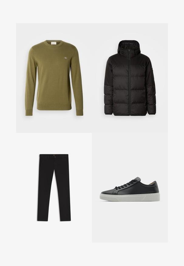 Svart puffjacka med blixtlås, huva, quiltade sektioner och elastiska mudd, tillverkad av ett slätt, vattentåligt material.; Olivgrön stickad tröja med rund hals, långa ärmar och ribbade muddar och nederkant. Har en liten broderad logotyp på bröstet.; Svarta byxor gjorda av tyg med en slät textur. Har en knäppning med knapp, bälteshällor och sidofickor. Standard rakt ben-design.; Svart lädersneaker med en slät yta, rund tå och svarta skosnören. Har en tjock, vit gummisula med subtila geometriska accenter.