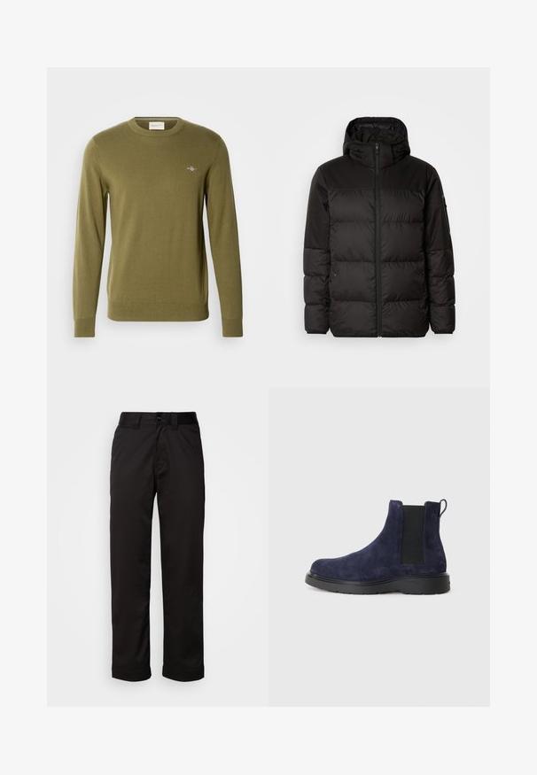Černá péřová bunda má zipový uzávěr, kapuci, prošívané části a elastické manžety, vyrobená z hladkého, voděodolného materiálu.; Olivově zelený pletený svetr s kulatým výstřihem, dlouhými rukávy a žebrovanými manžetami a lemem. Na hrudi je malá vyšívaná nášivka.; Černé kalhoty vyrobené z hladkého materiálu, s zipem, knoflíkovým zapínáním a ohrnutými manžetami pro ležérní design.; Námořnické semišové Chelsea boty s elastickými bočními panely a poutkem. Černá gumová podešev s texturovaným povrchem pro lepší přilnavost a odolnost.