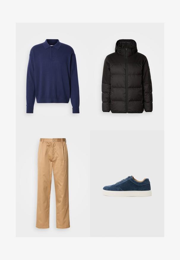 A fekete steppelt dzseki cipzáros záródással, kapucnival, steppelt részekkel és rugalmas mandzsettákkal rendelkezik, sima, vízálló anyagból készült.; Sötétkék pulóver, gallérral, hosszú ujjakkal és bordázott mandzsettákkal. Puha tapintású, laza fazonú, háromgombos záródással.; Khaki nadrág, pamut keverék, egyenes szabású, elülső redők, övtartók és gombos zárás. Simább textúra minták nélkül.; Kék velúr sportcipő fehér gumitalppal, fűzős kivitel, kerek orral, és kontrasztos barna belső résszel. Finom varrási részletek.