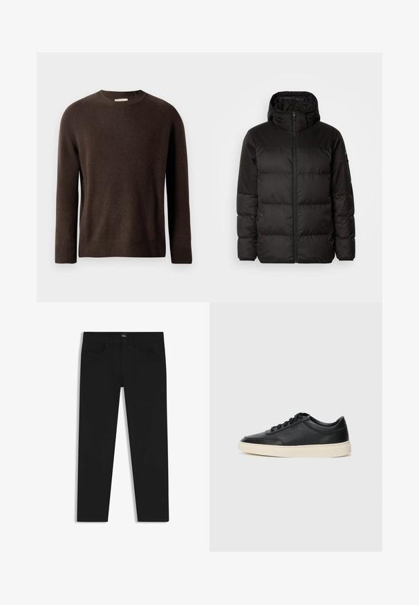 Svart puffjacka med blixtlås, huva, quiltade sektioner och elastiska mudd, tillverkad av ett slätt, vattentåligt material.; Brun långärmad crewneck-tröja med ribbade muddar och nederkant, uppställd mot en ljus, enfärgad bakgrund.; Svarta denimbyxor med rak passform, med en standard midja, fem fickor och knäppning med knapp. Slät yta genomgående.; Svart låg skor i läder med svarta snören och off-white sula, visas i sidoprofil på vit bakgrund.