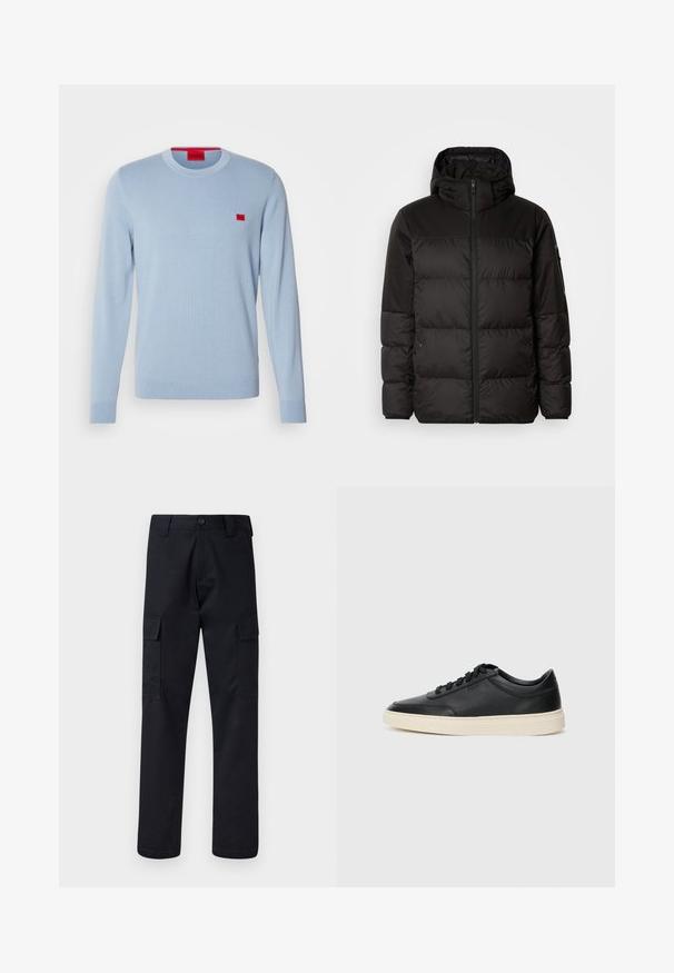 La doudoune noire est dotée d'une fermeture éclair, d'une capuche, de sections matelassées et de poignets élastiques, fabriquée à partir d'un matériau lisse et résistant à l'eau.; Pull léger bleu en maille douce, avec un col ras du cou et des manches longues. Comprend un petit patch logo rouge sur la poitrine.; Pantalons cargo noirs en tissu résistant, avec une coupe droite, deux poches latérales et une fermeture à bouton à la taille.; Baskets en cuir noires à tiges basses avec lacets noirs et semelle ivoire, présentées en profil latéral sur fond blanc.