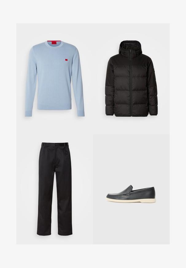 Schwarze Pufferjacke mit Reißverschluss, Kapuze, gesteppten Abschnitten und elastischen Bündchen, hergestellt aus einem glatten, wasserabweisenden Material.; Helles blaugraues Sweatshirt aus weichem Strickmaterial, mit Rundhalsausschnitt und langen Ärmeln. Enthält ein kleines rotes Logopatch auf der Brust.; Schwarze Hosen aus glattem Stoff, mit einem Knopfverschluss vorne, Falten und geraden Beinen. Keine sichtbaren Muster oder Akzente.; Schwarze Leder-Slipper mit strukturiertem Finish und einer kontrastierenden beige Gummisohle. Mit einem dezenten Akzent an der Vorderseite.