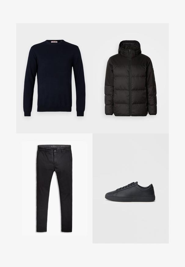 Schwarze Pufferjacke mit Reißverschluss, Kapuze, gesteppten Abschnitten und elastischen Bündchen, hergestellt aus einem glatten, wasserabweisenden Material.; Marineblauer Rundhals-Pullover aus einem glatten Strickstoff, mit langen Ärmeln und gerippten Bündchen und Saum. Minimalistisches Design ohne Muster.; Schwarze Baumwollchinos mit einem schmalen Schnitt, ausgestattet mit fünf Taschen, Gürtelschlaufen und einer glatten Textur. Reißverschluss mit Knopfverschluss.; Schwarze Sneaker aus glattem Leder mit einem tiefen Design, runder Zehenform und flacher Gummi-Sohle. Mit Schnürsenkeln und dezentem Branding.