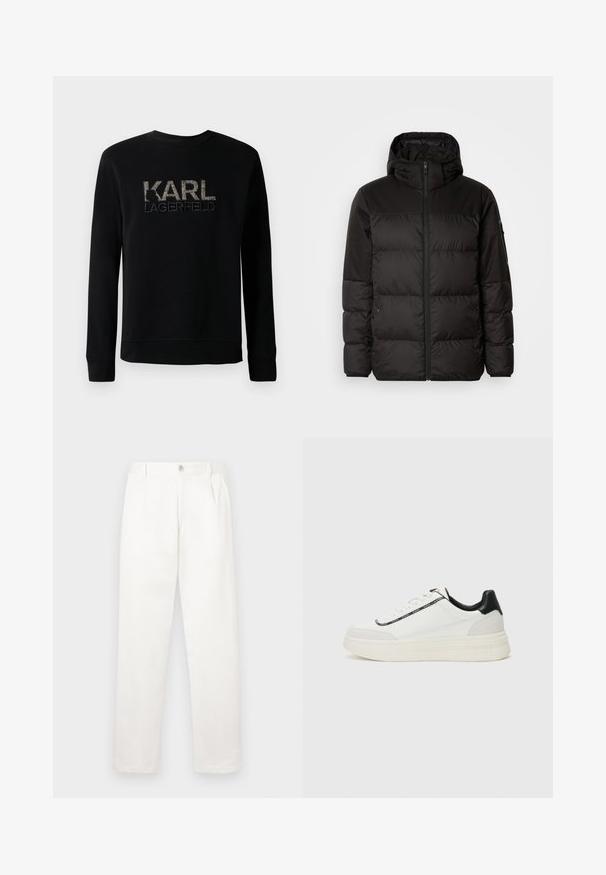 A jaqueta puffer preta apresenta um fecho zip, um capuz, secções acolchoadas e punhos elásticos, confeccionada em um material liso e resistente à água.; Sweatshirt preto de manga longa com o logótipo "KARL LAGERFELD" texturizado bordado no peito, apresentando um decote redondo simples.; Calças brancas feitas de um tecido suave, com um design de perna reta, pregas frontais e um fecho de botão único na cintura.; Sapatilha branca com detalhes em couro preto, sola texturizada, atacadores e uma faixa com logótipo ao longo do lado. Apresenta um acabamento suave e em camurça.