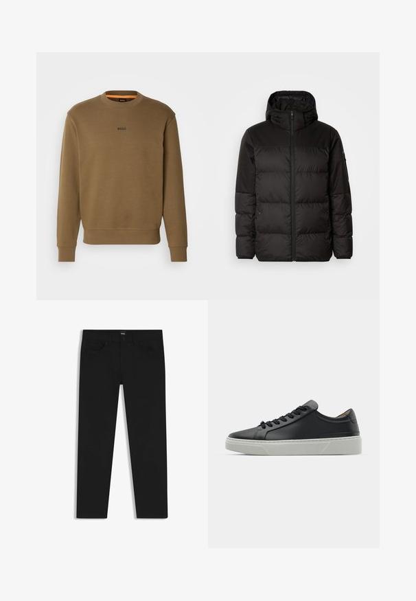 Black puffer jacket features a zip closure, a hood, quilted sections, and elastic cuffs, made from a smooth, water-resistant material.; BOSS Sweatshirt - open green; Black denim trousers with a straight cut, featuring a standard waistband, five pockets, and a button closure. Smooth texture throughout.; Black leather sneaker with a smooth texture, round toe, and black laces. Features a thick, white rubber sole with subtle geometric accents.