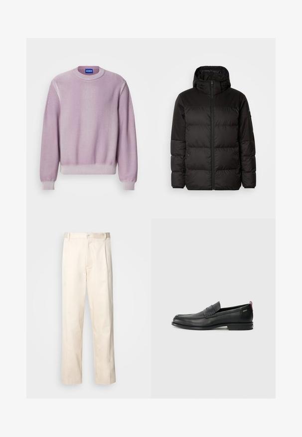 A jaqueta puffer preta apresenta um fecho zip, um capuz, secções acolchoadas e punhos elásticos, confeccionada em um material liso e resistente à água.; Suéter malha lilás com decote redondo, punhos e barra canelados, apresentando detalhes de costura sutis nos ombros e uma textura suave.; Calças de algodão bege com corte reto, apresentando um fecho de botão e pregas na frente para um detalhe adicional.; Mocassins de couro pretos com um painel frontal texturizado e laterais lisas. Apresentam um salto fino e uma alça na parte de trás para fácil colocação. Design clássico.