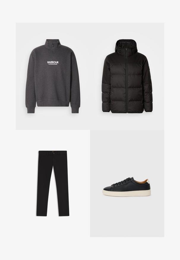Black puffer jacket features a zip closure, a hood, quilted sections, and elastic cuffs, made from a smooth, water-resistant material.; Gray fleece sweatshirt with a high collar, quarter-zip front, and "BARBOUR INTERNATIONAL" logo in white on the chest. Ribbed cuffs and hem.; Black trousers made of fabric with a smooth texture. Features a button closure, belt loops, and side pockets. Standard straight-leg design.; Black leather sneakers with a smooth texture, beige rubber sole, lace-up design, and a contrasting heel accent.