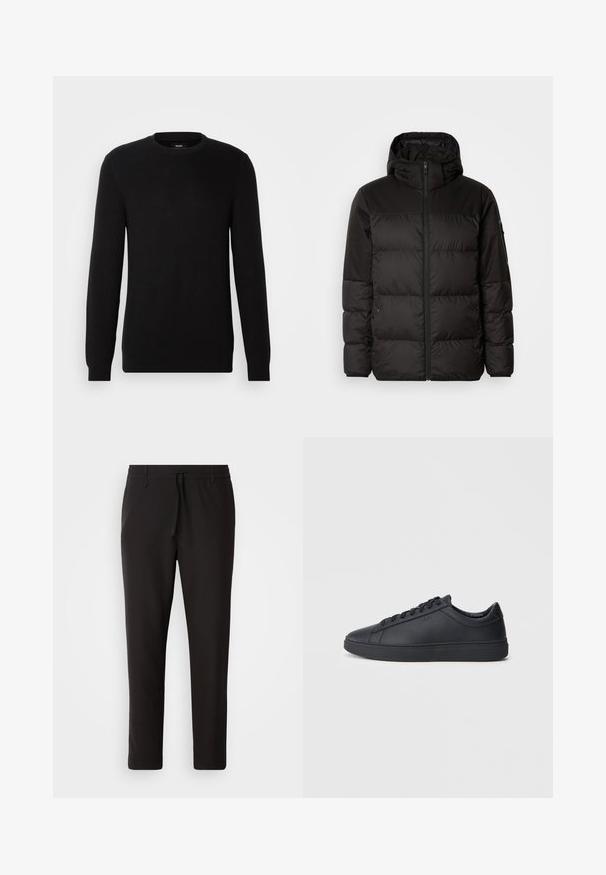 Schwarze Pufferjacke mit Reißverschluss, Kapuze, gesteppten Abschnitten und elastischen Bündchen, hergestellt aus einem glatten, wasserabweisenden Material.; Schwarzer, gerippter Strickpullover mit Rundhalsausschnitt und langen Ärmeln. Das Material wirkt weich mit einer strukturierten Oberfläche und eignet sich gut für legere Anlässe.; Schwarze Jogginghose aus glattem Stoff. Mit einem elastischen Bund und Kordelzug, schmal zulaufenden Beinen und ohne sichtbare Taschen. Einfaches Design.; Schwarze Sneaker aus glattem Leder mit einem tiefen Design, runder Zehenform und flacher Gummi-Sohle. Mit Schnürsenkeln und dezentem Branding.