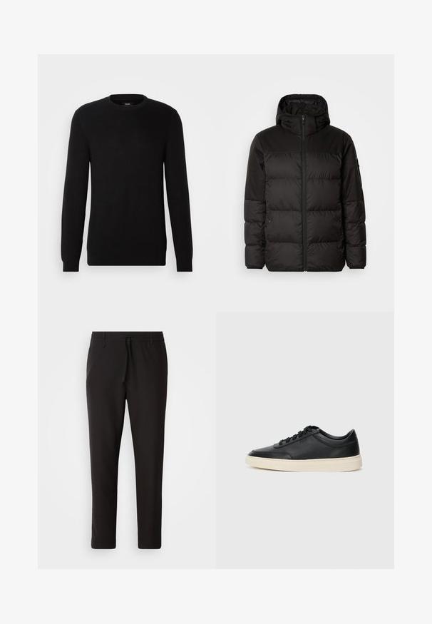 Black puffer jacket features a zip closure, a hood, quilted sections, and elastic cuffs, made from a smooth, water-resistant material.; Black ribbed-knit sweater with a round neckline and long sleeves. Material appears soft with a textured finish, suitable for casual wear.; Black jogger pants made of smooth fabric. Feature an elastic waistband with a drawstring, tapered legs, and no visible pockets. Simple design.; Black low-top leather sneaker with black laces and off-white sole shown in side profile on white background.