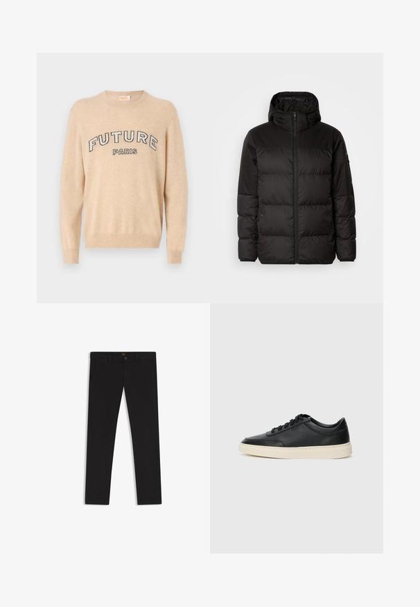 Il giubbotto puffo nero presenta una chiusura con zip, un cappuccio, sezioni trapuntate e polsini elastici, realizzato in un materiale liscio e resistente all'acqua.; Maglione beige realizzato in materiale morbido, con scollatura rotonda, maniche lunghe e la scritta "FUTURE PARIS" in caratteri scuri sul petto.; Pantaloni neri realizzati in tessuto con una superficie liscia. Presentano una chiusura con bottone, passanti per cintura e tasche laterali. Design a gamba dritta standard.; Sneaker in pelle nera a basso profilo con lacci neri e suola avorio, mostrato di profilo su sfondo bianco.