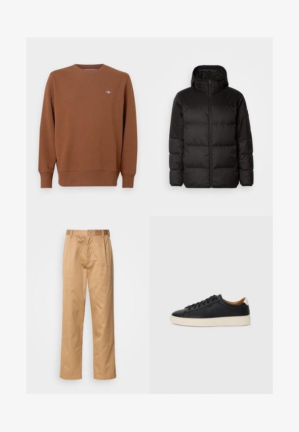 A jaqueta puffer preta apresenta um fecho zip, um capuz, secções acolchoadas e punhos elásticos, confeccionada em um material liso e resistente à água.; Sweatshirt castanha com gola redonda em material macio, com mangas compridas e um pequeno logotipo bordado no peito. Punhos e bainha canelados.; Calças caqui, mistura de algodão, design de pernas retas, pregas frontais, passantes para cinto e fecho com botão. Textura suave sem padrões.; Tenis de couro preto com uma textura suave, sola de borracha bege, design de atar e um destaque no calcanhar em contraste.