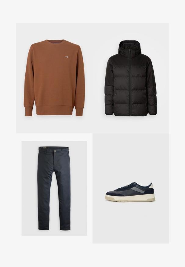 La doudoune noire est dotée d'une fermeture éclair, d'une capuche, de sections matelassées et de poignets élastiques, fabriquée à partir d'un matériau lisse et résistant à l'eau.; Sweat-shirt marron à col rond en matière douce, manches longues et petit logo brodé sur la poitrine. Poignets et ourlet côtelés.; Pantalons bleu marine en tissu lisse, avec fermeture à bouton, passants de ceinture et détails de couture subtils ; design classique à jambes droites.; BOSS BALTIMORE - Baskets basses - open blue