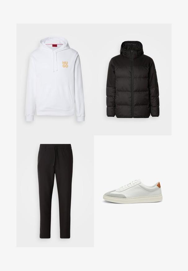 Il giubbotto puffo nero presenta una chiusura con zip, un cappuccio, sezioni trapuntate e polsini elastici, realizzato in un materiale liscio e resistente all'acqua.; Felpa bianca con tasca frontale, cappuccio regolabile con cordino e logo giallo "HUGO" sul petto. Realizzata in morbido cotone.; Pantaloni jogger neri realizzati in tessuto liscio. Presentano una vita elasticizzata con stringa, gambe affusolate e senza tasche visibili. Design semplice.; Sneakers bianchi in pelle con accenti in suede grigio e un tallone in pelle beige. Presentano una superficie testurizzata e una suola leggera.