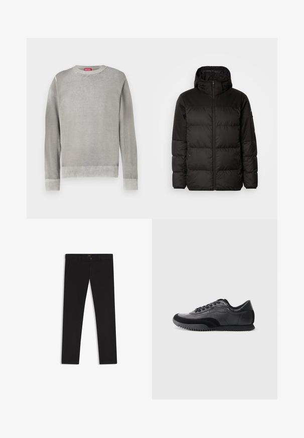Black puffer jacket features a zip closure, a hood, quilted sections, and elastic cuffs, made from a smooth, water-resistant material.; Light grey sweater with a crew neck, long sleeves, ribbed cuffs, and hem. Made of soft material with a smooth texture. Features a visible brand tag.; Black trousers made of fabric with a smooth texture. Features a button closure, belt loops, and side pockets. Standard straight-leg design.; Black and gray sneaker with smooth leather upper, textured accents, round toe, six-eyelet lace closure, and a ridged rubber sole.