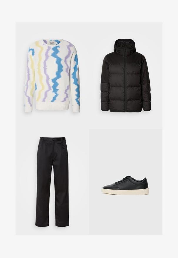 Mustikas puffer-jakk sisaldab tõmblukku, kapuutsi, tikandiga osi ja elastseid mansette, valmistatud siledast veekindlast materjalist.; Valge sviiter, millel on diagonaali mustriga kollane, helesinine ja sinine. Omab ümmargust kaelanõstet ning soonikkoes mansette ja serva. Valmistatud tekstuuriga kudumiskangast.; Mustadest siledast kangast pükstest, millel on ees nupu sulgemine, voldid ja sirged sääred. Ei mingeid nähtavaid mustreid ega aktsente.; Mustad musta nahast madal sneaker mustade nööpidega ja kreemivalge tallaga, nähtud külgprofiilis valge tausta ees.