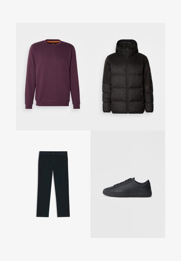 Il giubbotto puffo nero presenta una chiusura con zip, un cappuccio, sezioni trapuntate e polsini elastici, realizzato in un materiale liscio e resistente all'acqua.; Felpa viola con collo a giro, caratterizzata da una piccola toppa con logo e un accento arancione all'interno del colletto. Tessuto morbido e strutturato.; Chinos di un blu navy scuro realizzati in tessuto misto cotone. Presentano passanti per cintura, tasche frontali e una chiusura con zip e bottone.; Sneakers neri realizzati in pelle liscia, con design a bassa cima, punta rotonda e suola piatta in gomma. Presentano lacci e un branding discreto.