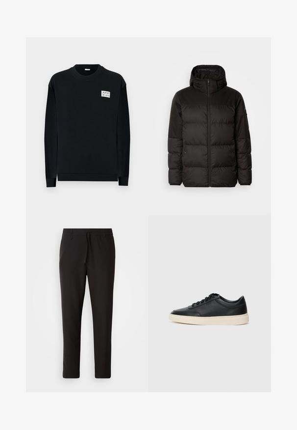 Melna pūkainā jakā iezīmes ir rāvējslēdzēja aizdare, kapuce, kvadrātveida šuves un elastīgas aproces, izgatavota no gludas, ūdensizturīgas vielas.; Melna sporta krekls, izgatavots no mīksta auduma, ar apaļu kakla izgriezumu un garām piedurknēm. Dekoratīvs logo uzšuvums kreisajā krūšu daļā.; Melnas sporta bikses no gludas auduma. Tām ir elastīga josta ar auklu, sašaurinātas kājas un nav redzamu kabatu. Vienkāršs dizains.; Melnas zemas ādas sporta kurpes ar melnām auklām un off-white zoli, rādītas no sānu profila uz baltā fona.