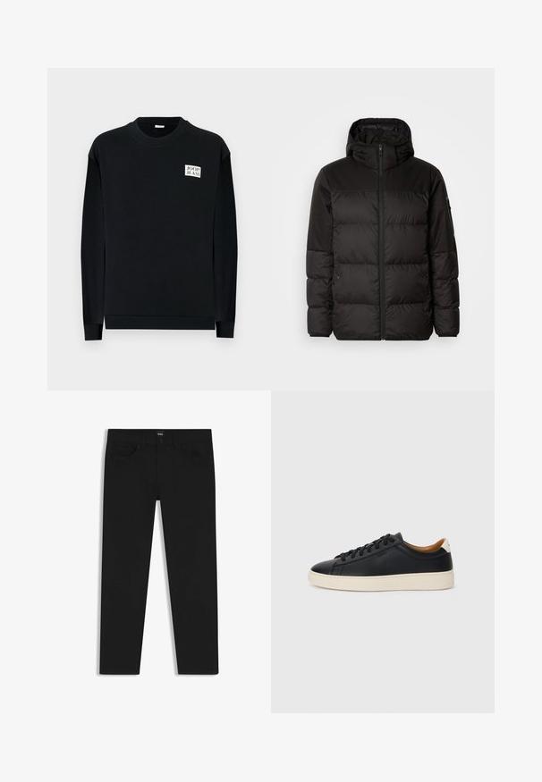 Il giubbotto puffo nero presenta una chiusura con zip, un cappuccio, sezioni trapuntate e polsini elastici, realizzato in un materiale liscio e resistente all'acqua.; Felpa nera in morbido tessuto, con collo rotondo e maniche lunghe. Patch decorativo del logo nella parte superiore sinistra del petto.; Pantaloni in denim nero con taglio dritto, dotati di vita standard, cinque tasche e chiusura con bottone. Texture liscia su tutta la superficie.; Sneakers in pelle nera con una texture liscia, suola in gomma beige, design con lacci e un accento del tacco in contrasto.