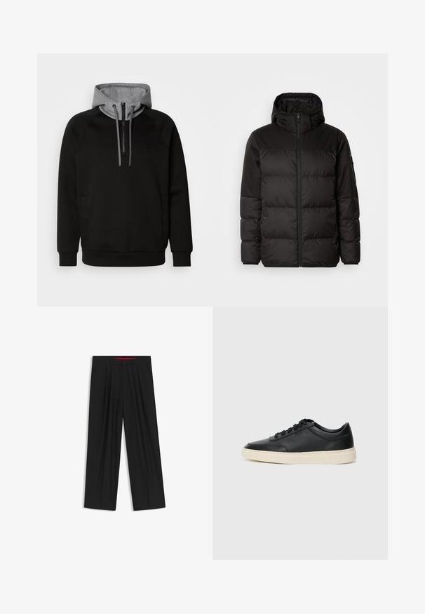 Il giubbotto puffo nero presenta una chiusura con zip, un cappuccio, sezioni trapuntate e polsini elastici, realizzato in un materiale liscio e resistente all'acqua.; Felpa nera con zip e cappuccio grigio, dotata di tasca frontale, lacci e un logo discreto. Realizzata in tessuto morbido con una superficie liscia.; Pantaloni neri a gamba larga con fronte piatto, due tasche laterali, design plissettato e un elastico in vita di colore rosso a contrasto.; Sneaker in pelle nera a basso profilo con lacci neri e suola avorio, mostrato di profilo su sfondo bianco.