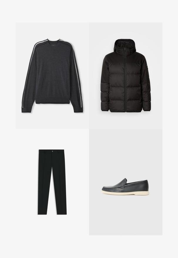 Black puffer jacket features a zip closure, a hood, quilted sections, and elastic cuffs, made from a smooth, water-resistant material.; Dark gray sweater with long sleeves, round neck, white side stripes, ribbed cuffs and hem, featuring a subtle logo on the chest.; Black dress pants with a straight-leg design, made of smooth fabric. Features a front button closure and belt loops. Plain without patterns.; Black leather slip-on loafers with a textured finish and a contrasting beige rubber sole. Features a subtle accent along the front.