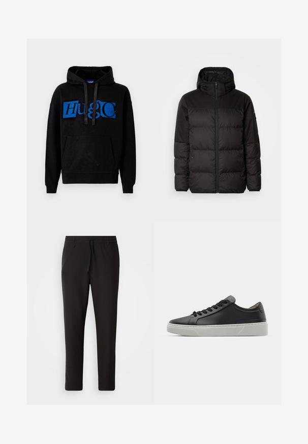 Geacă puffer neagră cu închidere cu fermoar, glugă, secțiuni quilted și manșete elastice, realizată dintr-un material neted, rezistent la apă.; Hanorac negru cu un logo mare albastru imprimat "Hugo". Are o glugă cu șnur și un buzunar frontala tip cangur. Materialul pare moale și texturat.; Pantaloni de jogging negri, confecționați dintr-un material neted. Prezintă un talie elastică cu șnur, picioare conice și fără buzunare vizibile. Design simplu.; Adidași din piele neagră, cu o textură netedă, vârf rotund și șireturi negre. Prezentând o talpă groasă din cauciuc alb, cu accente geometrice subtile.