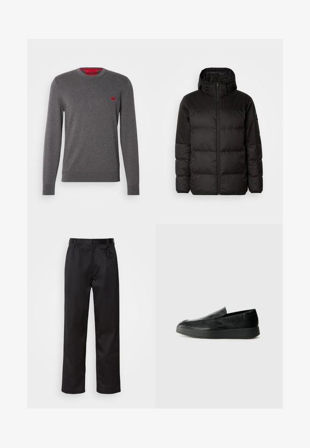 A fekete steppelt dzseki cipzáros záródással, kapucnival, steppelt részekkel és rugalmas mandzsettákkal rendelkezik, sima, vízálló anyagból készült.; Szürke, kerek nyakú pulóver puha anyagból, kis piros logóval a mellkason, bordázott mandzsettákkal és szegéllyel a testhez simuló megjelenés érdekében.; Fekete nadrág sima anyagból, elülső gombos záródással, redőkkel és egyenes szárral. Nincsenek látható minták vagy díszítések.; Calvin Klein HYBRID CUP - Belebújós cipők - triple black
