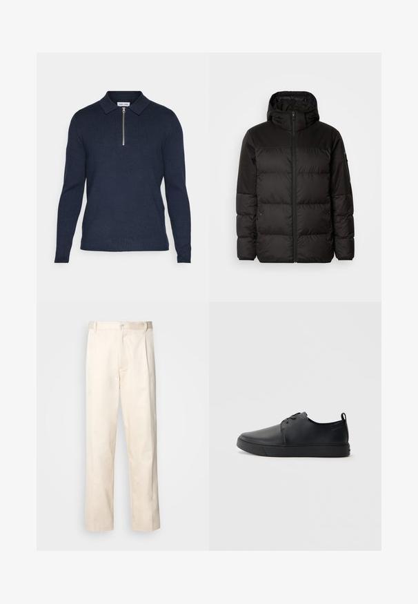 A jaqueta puffer preta apresenta um fecho zip, um capuz, secções acolchoadas e punhos elásticos, confeccionada em um material liso e resistente à água.; Polo de manga longa azul-marinho com colarinho com zíper, feito de um tecido de malha texturizado. Apresenta uma bainha reta e mangas ajustadas.; Calças de algodão bege com corte reto, apresentando um fecho de botão e pregas na frente para um detalhe adicional.; Sapatilha de couro preta com um acabamento liso, bico arredondado, costura ton sur ton, frente com atacadores e sola plana de borracha. Alça no calcanhar.