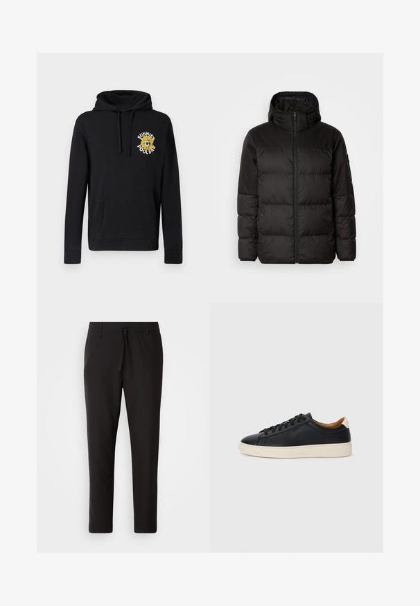 Črna zimska jakna ima zadrgo, kapuco, prešite odseke in elastične manšete, izdelana je iz gladkega, vodoodpornega materiala.; Črna bombažna majica s kapuco z žepom spredaj, kapuco z vrvico in pisanim vezenim motivom sončnice. Ima rebraste manšete.; Črne jogger hlače iz gladkega blaga. Imajo elastičen pas z vrvico, zožane hlačnice in brez vidnih žepov. Enostaven dizajn.; Črne usnjene superge z gladko teksturo, bež gumijastim podplatom, zavezovalnim dizajnom in kontrastnim nagibom na peti.