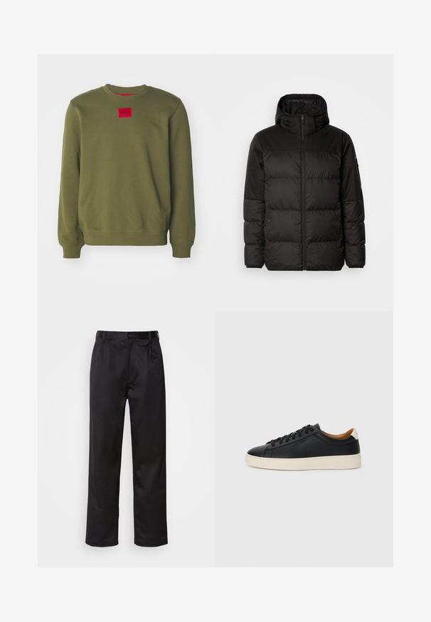 Čierna prešívaná bunda má zips, kapucňu, prešívané sekcie a elastické manžety, vyrobená z hladkého, vodeodolného materiálu.; HUGO DIRAGOL - Mikina - open green; Čierne nohavice vyrobené z hladkej látky, s predným zapínaním na gombík, s plisovaním a rovnými nohavicami. Žiadne viditeľné vzory ani akcenty.; Čierne kožené tenisky s hladkou textúrou, béžová gumová podrážka, viazanie a kontrastný akcent na päte.