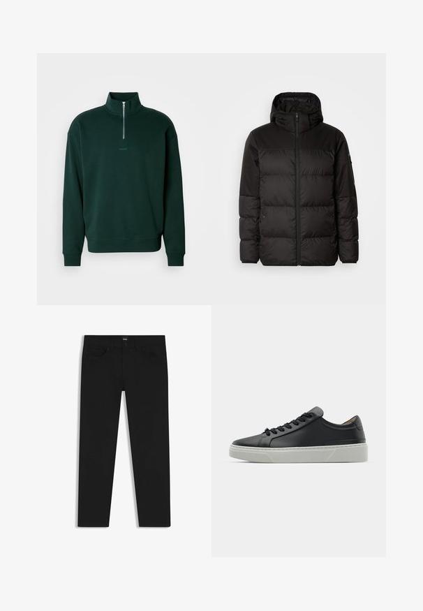 Il giubbotto puffo nero presenta una chiusura con zip, un cappuccio, sezioni trapuntate e polsini elastici, realizzato in un materiale liscio e resistente all'acqua.; Felpa verde scuro con collo alto, chiusura a mezza zip e polsini a costine. Presenta un sottile logo "HUGO" sul petto.; Pantaloni in denim nero con taglio dritto, dotati di vita standard, cinque tasche e chiusura con bottone. Texture liscia su tutta la superficie.; Sneaker in pelle nera con una texture liscia, punta rotonda e lacci neri. Presenta una suola in gomma bianca spessa con sottili accenti geometrici.