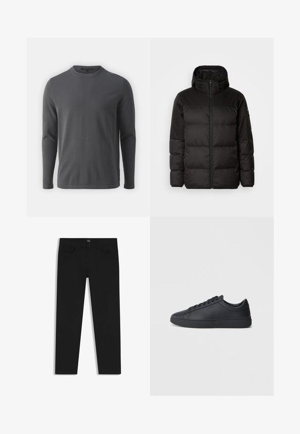 Il giubbotto puffo nero presenta una chiusura con zip, un cappuccio, sezioni trapuntate e polsini elastici, realizzato in un materiale liscio e resistente all'acqua.; Maglietta grigia a maniche lunghe realizzata in tessuto morbido. Presenta un collo a giro, un orlo dritto e un design minimalista senza motivi o accenti.; Pantaloni in denim nero con taglio dritto, dotati di vita standard, cinque tasche e chiusura con bottone. Texture liscia su tutta la superficie.; Sneakers neri realizzati in pelle liscia, con design a bassa cima, punta rotonda e suola piatta in gomma. Presentano lacci e un branding discreto.