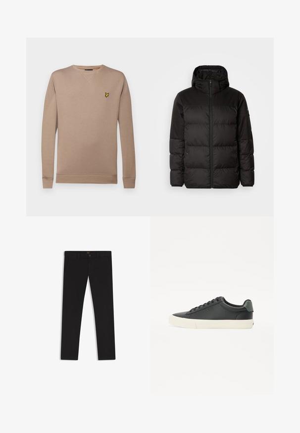 Svart puffjacka med blixtlås, huva, quiltade sektioner och elastiska mudd, tillverkad av ett slätt, vattentåligt material.; Ljusbrun sweatshirt med långa ärmar, ribbade manschetter och nederkant, med en liten gul broderad logotyp på bröstet och rundad halsringning.; Svarta byxor gjorda av tyg med en slät textur. Har en knäppning med knapp, bälteshällor och sidofickor. Standard rakt ben-design.; Svarta lädersneakers med en texturerad yta, vit gummisula, rund tå och grönt inslag vid hälen. Design med snörning genom sex öglor.