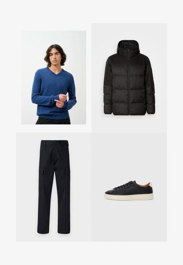 Zwarte pufferjas met ritsluiting, een capuchon, gequiltte secties en elastische manchetten, gemaakt van een glad, waterafstotend materiaal.; Blauwe V-hals trui van zacht breimateriaal met geribbelde manchetten en zoom; model draagt het binnen in een effen achtergrond.; Zwarte cargobroek van stevig materiaal, met een rechte pijp, twee zijzakken en een knoopsluiting bij de taille.; Zwarte leren sneakers met een gladde textuur, beige rubberen zool, vetersluiting en een contrasterende hielaccent.
