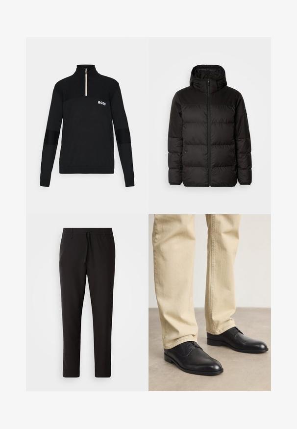 A fekete steppelt dzseki cipzáros záródással, kapucnival, steppelt részekkel és rugalmas mandzsettákkal rendelkezik, sima, vízálló anyagból készült.; Fekete, félig zipzáras pulóver texturált anyagból, bordázott felső résszel és fehér "BOSS" logóval a mellrészen.; Fekete jogger nadrág sima anyagból. Rugalmas derekú, húzózsinórral, tapered lábakkal és látható zsebek nélkül készül. Egyszerű dizájn.; Fekete bőrfűzős cipő kerek orral, sima felülettel és finom varrási részletekkel, világos bézs nadrággal viselve.
