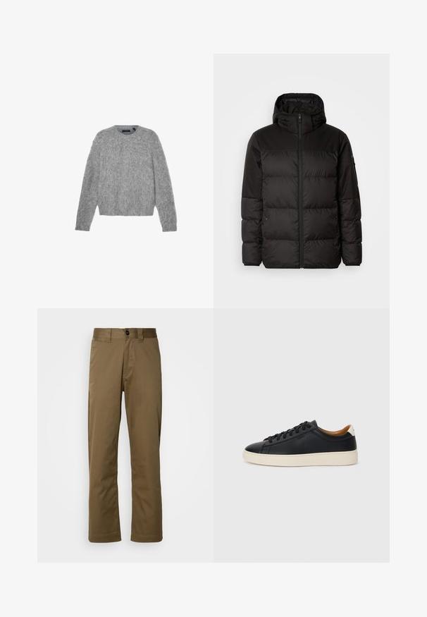 Mustikas puffer-jakk sisaldab tõmblukku, kapuutsi, tikandiga osi ja elastseid mansette, valmistatud siledast veekindlast materjalist.; Hall harmaast pika varrukaga sviiter, mis on valmistatud pehmest materjalist, ümarate kaelustega ja lühikese sobivusega. Sile tekstuur, pehme ja kerge välimus.; Pruunid sirged püksid, mis on valmistatud kudumiskangast. Omavad nööpide sulgemist, külgtaskuid ja siledat tekstuuri. Täpselt sobiv lõige.; Mustad nahast tennised sujuva pindadega, beež kummist tallaga, paelaga kinnitamine ja kontrastse kanna aktsendiga.