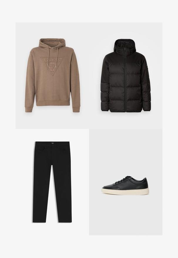 Black puffer jacket features a zip closure, a hood, quilted sections, and elastic cuffs, made from a smooth, water-resistant material.; Brown hooded sweatshirt with front embossed GUESS logo inside a triangle and adjustable drawstrings on the hood.; Black denim trousers with a straight cut, featuring a standard waistband, five pockets, and a button closure. Smooth texture throughout.; Black low-top leather sneaker with black laces and off-white sole shown in side profile on white background.