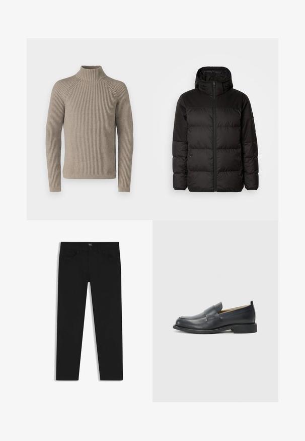 Zwarte pufferjas met ritsluiting, een capuchon, gequiltte secties en elastische manchetten, gemaakt van een glad, waterafstotend materiaal.; Beige geribbelde coltrui met lange mouwen, met een getailleerde pasvorm en een gestructureerd breipatroon. Gemaakt van een zachte stof.; Zwarte denim broek met een rechte snit, voorzien van een standaard tailleband, vijf zakken en een knoopsluiting. Gladde textuur overal.; Zwarte leren loafers met een gladde afwerking, een platte zool en een ronde neus met een decoratieve band over de bovenkant.