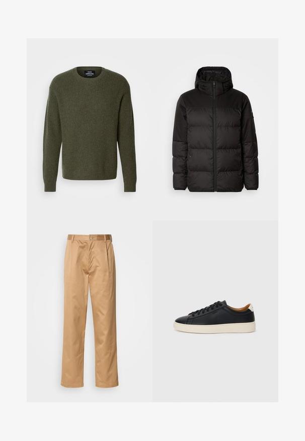 Zwarte pufferjas met ritsluiting, een capuchon, gequiltte secties en elastische manchetten, gemaakt van een glad, waterafstotend materiaal.; Olijfgroene gebreide trui met een geribbelde textuur, ronde hals en lange mouwen. Minimalistisch ontwerp zonder zichtbare patronen of versieringen.; Khaki broek, katoenmix, recht model, voorplooien, riemlussen en knoopsluiting. Gladde textuur zonder patronen.; Zwarte leren sneakers met een gladde textuur, beige rubberen zool, vetersluiting en een contrasterende hielaccent.
