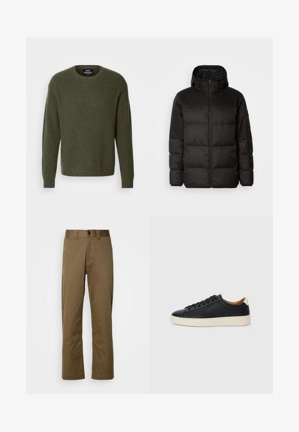 Mustikas puffer-jakk sisaldab tõmblukku, kapuutsi, tikandiga osi ja elastseid mansette, valmistatud siledast veekindlast materjalist.; Olivroheline kootud kampsun ribakujundusega, ümar kaelus ja pikad varrukad. Minimalistlik disain ilma nähtavate mustrite või kaunistusteta.; Pruunid sirged püksid, mis on valmistatud kudumiskangast. Omavad nööpide sulgemist, külgtaskuid ja siledat tekstuuri. Täpselt sobiv lõige.; Mustad nahast tennised sujuva pindadega, beež kummist tallaga, paelaga kinnitamine ja kontrastse kanna aktsendiga.