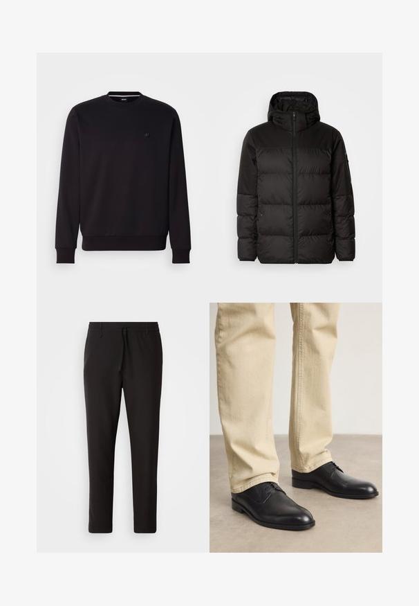 La chaqueta acolchada negra tiene un cierre de cremallera, capucha, secciones acolchadas y puños elásticos, hecha de un material suave y resistente al agua.; Sudadera negra de cuello redondo, mezcla de algodón, con puños y dobladillo de canalé, pequeño logo en el pecho, textura suave, diseño ajustado.; Pantalones de chándal negros de tejido suave. Cuentan con una cintura elástica con cordón, piernas ajustadas y sin bolsillos visibles. Diseño sencillo.; Zapatos de cuero negro con cordones, puntera redondeada, acabado suave y sutiles detalles de costura, combinados con pantalones de color beige claro.