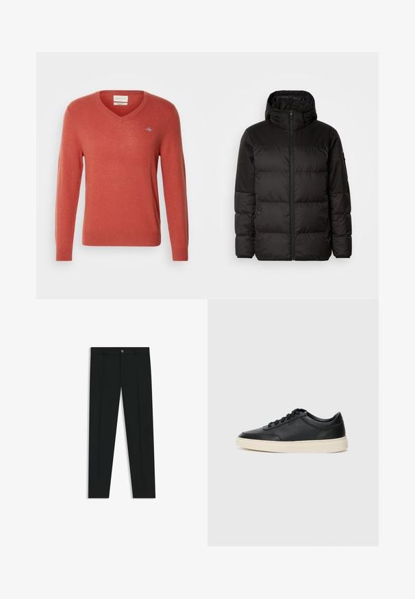 Zwarte pufferjas met ritsluiting, een capuchon, gequiltte secties en elastische manchetten, gemaakt van een glad, waterafstotend materiaal.; Koraalkleurige V-halstrui, gemaakt van zachte gebreide stof. Heeft lange mouwen, geribbelde manchetten en een klein logo op de borst.; Zwarte dresspants met een recht pasvorm, gemaakt van een gladde stof. Heeft een sluiting met een knoop aan de voorkant en ceintuurlussen. Effen zonder patronen.; Zwarte leren sneaker met lage schacht, zwarte veters en off-white zool, weergegeven in zijprofiel op een witte achtergrond.