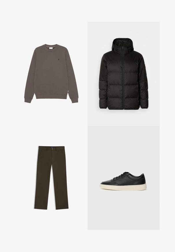 Il giubbotto puffo nero presenta una chiusura con zip, un cappuccio, sezioni trapuntate e polsini elastici, realizzato in un materiale liscio e resistente all'acqua.; Felpa marrone a maniche lunghe, con collo a coste rotondo e orlo a coste. Presenta un piccolo logo nero "II" sul davanti. Realizzata in tessuto morbido.; Pantaloni marrone scuro a gamba dritta con passanti per cintura, chiusura frontale con bottone e zip, e tasche laterali inclinate, mostrati su sfondo bianco.; Sneaker in pelle nera a basso profilo con lacci neri e suola avorio, mostrato di profilo su sfondo bianco.